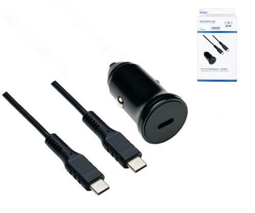 USB KFZ 20W C Schnellladegerät inkl. C Kabel, USB KFZ Lader, C auf C Ladekabel, schwarz, DINIC Box mit Euroloch, 1,50m